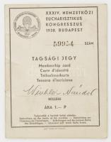 1938 Eucharisztikus kongresszus tagsági jegy