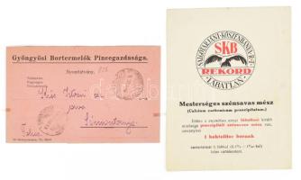 1926 Gyöngyösi bortermelők pincegazdasága reklámlap + Lábatlani bor oltó mész tasak