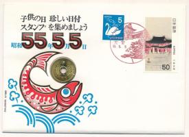 Japán 1977. 5Y érmés borítékban, bélyegekkel és alkalmi bélyegzéssel T:UNC Japan 1977. 5 Yen in coin envelope with stamps and cancellation C:UNC