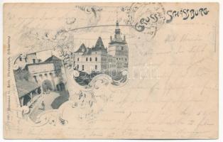 1901 Segesvár, Schässburg, Sighisoara; Burgaufgang, Alberthaus Gymnasial Internat / várkapu, gimnázium. Hermann G. Roth kiadása / castle gate, boarding school. Art Nouveau, floral