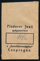 cca 1930 Flóderer Jenő Szentháromsághoz gyógyszertára Csepregen gyógyszeres zacskó