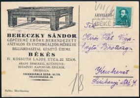 cca 1940 Békés Bereczky Sándor biliárdasztal készítő reklámos levelezőlapja