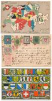 15 db régi svájci litho képeslap: bélyegek, címerek és térképek / 15 pre-1945 Swiss litho postcards: stamps, coat of arms and maps