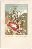 15 db régi svájci litho képeslap: bélyegek, címerek és térképek / 15 pre-1945 Swiss litho postcards:...