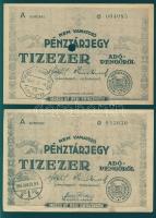 1946. Pénztárjegy Adópengő teljes sor 10.000AP (2x), 100.000AP, 1000.000AP, 10.000.000AP érvénytelenítő lyukasztásokkal és bélyegzőkkel! T:I,II