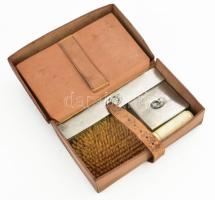 Régi angol férfi pipere készlet csont nyelű szerszámokkal: teljes, bőr dobozban