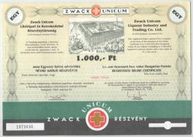 Budapest 1993. Zwack Unicum Likőripari és Kereskedelmi Részvénytársaság névre szóló részvénye 1000Ft-ról, szárazpecséttel, egy darab szelvénnyel T:AU