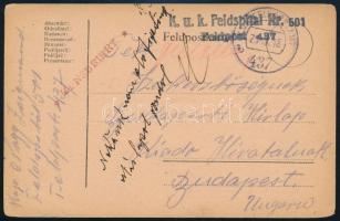 1918 Tábori posta levelezőlap "K.u.k. Feldspital Nr. 501." + "FP 437 b"