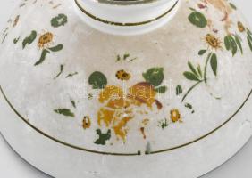 Antik öntöttvas csillár, középső nagy búrával, mely kézzel festett, kopott , kopással, d: 35 cm