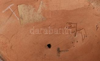 Két zászlós jelzéssel: Art Deco harmonikázó fiú. Mázas kerámia, kopásnyomokkal, m:14,5cm