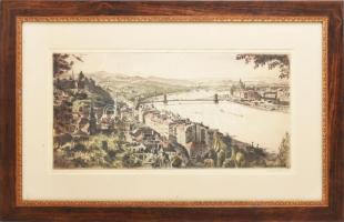 Zádor István (1882-1963): Budapesti látkép. Rézkarc, papír, jelzett, üvegezett fakeretben, 24x48 cm