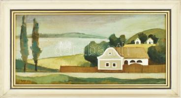 Benkő Cs. Gyula (1939-): Aszófő Balaton mellett. Olaj, farost, jelzett, hátoldalon a művész autográf soraival. 21x42 cm