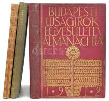 1912-1914 Budapesti Újságírók Egyesülete és Almanachja 1912., 1913., 1914. Bp., 1912-1914, Nyugat-ny., 2+7-368+1 p.; 440 p.; 196 p.; Szövegközti fekete-fehér képanyaggal. Korabeli reklámokkal. A címlapon és az előzéklapon Kozma Lajos szecessziós rajzával. Benne az Budapesti Ujságírók Egyesületének tisztikarával és választmányával. Kiadói szecessziós, festett egészvászon-kötések, kopott, kissé foltos borítókkal, az 1914-es kötet gerincén kis sérüléssel.