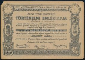 1916 Egy megtakarított óra a nemzet házának. Az új nyári időmérés történelmi emléklapja a világháború 2-ik esztendejéből. Adományozó emléklap a háborúban teljesen megrokkant hősök otthona, a Nemzet háza részére, az egyik sarkán kis hiánnyal, 10x15 cm