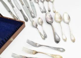 6 személyes orosz ezüstözött evőeszköz készlet, jelzéssel, teljes, díszdobozban