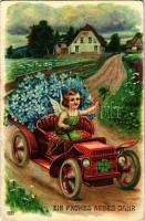 Ein Frohes Neues Jahr! / New Year greeting card, girl with clover, automobile, flowers. EAS litho (Rb)