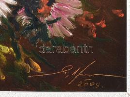 Lutso János (?-): Virágok. Olaj, farost, jelezve jobbra lent, dekoratív fakeretben, 40x45 cm