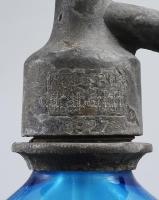 1927 Audler Antal Rákospalota kék szódásüveg, fejazonos, pattogzásokkal, m: 27 cm + retro szódásüveg