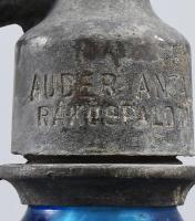 1927 Audler Antal Rákospalota kék szódásüveg, fejazonos, pattogzásokkal, m: 27 cm + retro szódásüveg