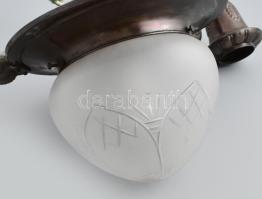 Antik bronzlemez háromágú csillár, savmaratott üveg búrával, szereléke feltehetően javítandó, porcel...