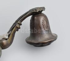 Antik bronzlemez háromágú csillár, savmaratott üveg búrával, szereléke feltehetően javítandó, porcel...