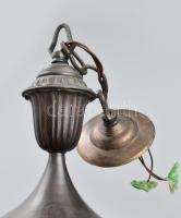 Antik bronzlemez háromágú csillár, savmaratott üveg búrával, szereléke feltehetően javítandó, porcel...