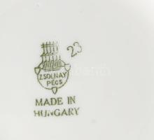 Zsolnay art deco bonbonier, arany- és virágmintákkal, jelzett, kis kopással, d: 11 cm