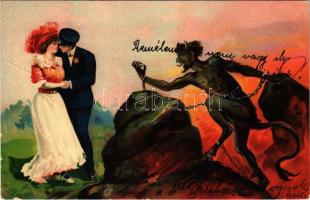 1909 Krampusz szerelmes párral / Krampus with love couple. EAS litho (fa)