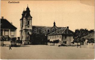 Celldömölk, Római katolikus templom, tér. Vasúti levelezőlapárúsítás 1. sz. 1918. (EB)