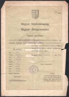 1919 magyar Népköztársaság utazási igazolvány Német-Ausztriába szakadással