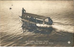 1915 Az ordonánc motoros a Dunán, motorcsónak / Ordonnanz Motor Boot auf der Donau. K.u.K. Kriegsmarine / Austro-Hungarian Navy military messenger motorboat