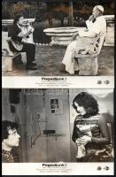 cca 1987 ,,Fogadjunk" című olasz filmvígjáték jelenetei és szereplői, 6 db vintage produkciós filmfotó ezüst zselatinos fotópapíron, a használatból eredő hibákkal, barna foltok a képeken, 18x24 cm