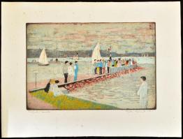 Nyári Lóránt (1928-1982): Siófoki moló. Színes linómetszet, papír, jelzett, kartonra kasírozva, lap ...
