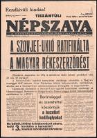 1947 Tiszántúli Népszava rendkívüli kiadás, 1947. aug. 30., a címlapon: "A Szovjet-Unió ratifikálta a magyar békeszerződést", a Szociáldemokrata Párt választási hirdetésével, 2 p.