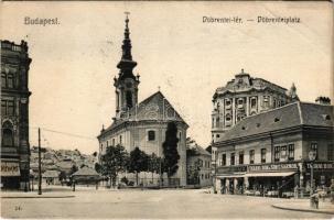 1912 Budapest I. Döbrentei tér, Tabáni bor és sör csarnok, Keller Ignácz üzlete, Méhkas, templom (EB)