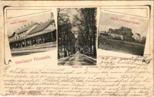 Fülek, Filakovo; vasútállomás, Vasúti út, Vár és Stephány kastély. Andor Ernő kiadása / railway station, road, castles. Art Nouveau (fl)