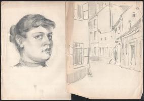 Jelzés nélkül, össz. 10 db rajz: Kertrészletek, városképek, portrék. Akvarell vagy ceruza, papír. 30...
