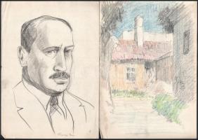 Olvashatatlan jelzéssel vagy jelzés nélkül, össz. 10 db rajz: Városképek, portrék. Akvarell, ceruza,...