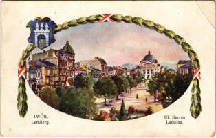 Lviv, Lwów, Lemberg; Ul. Karola Ludwika / street. Art Nouveau coat of arms (EB) + K.u.K. Militärzensur