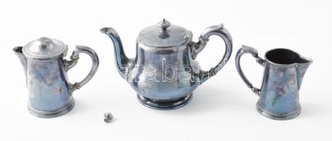 Berndorf 3 darabos antik tea/kávé szervírozó szett, egyik kiöntő fogója letört, jelzett, kopott, m: 9-12,5 cm