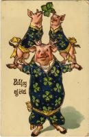 1913 Boldog Újévet / New Year greeting art postcard with acrobat pigs. litho (EK)