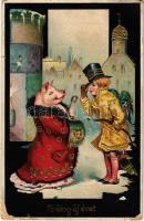 1911 Boldog Újévet / New Year greeting art postcard with pig. litho (EB)