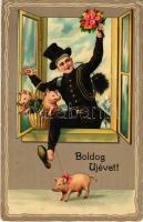 1909 Boldog Újévet / New Year greeting art postcard with chimney sweeper and pigs. litho (EK)