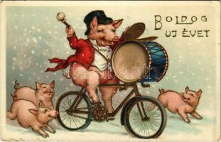 Boldog Újévet / New Year greeting art postcard with pig on a bicycle. litho