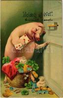 1911 Boldog Újévet / New Year greeting art postcard, pig, clovers and horseshoe (EK)