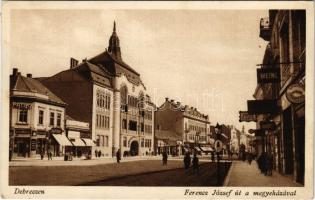 1930 Debrecen, Ferenc József út, megyeháza, patika, gyógyszertár, drogéria, Meinl és Turul cipő üzletek (fl)