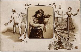 Tennis players, lady with violin (szakadás / tear)