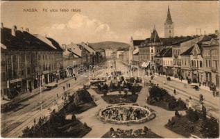 Kassa, Kosice; Fő utca felső része, Sírkoszorú vásár, drogéria, üzletek. Nyulászi Béla kiadása / main street, shops (EK)