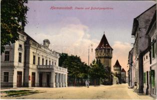 1915 Nagyszeben, Hermannstadt, Sibiu; Theater und Befestigungstürme / színház, erődtornyok / theatre, towers (EK)