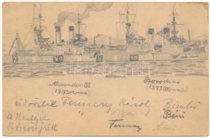 1904 Kézzel rajzolt orosz csatahajók / Imperial Russian Navy battleships Aleksandr III (Alexander III) and Borodino, hand-drawn art postcard (EB)